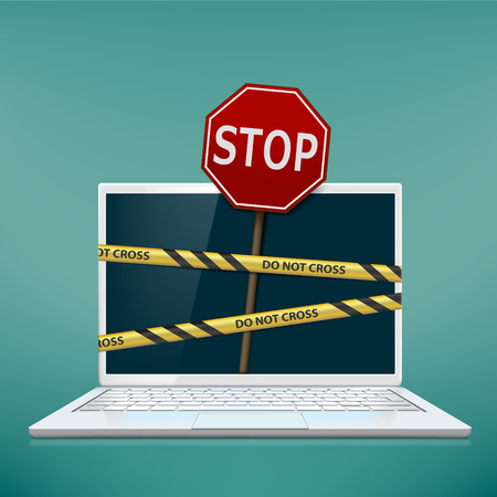 Cybercrime. Laptop screen with warning tape and road sign stop. Stock vector illustration.のイラスト素材