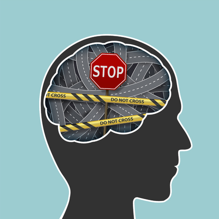 Human head with a brain. Prohibiting road sign stop and police line. Stock vector illustration.のイラスト素材