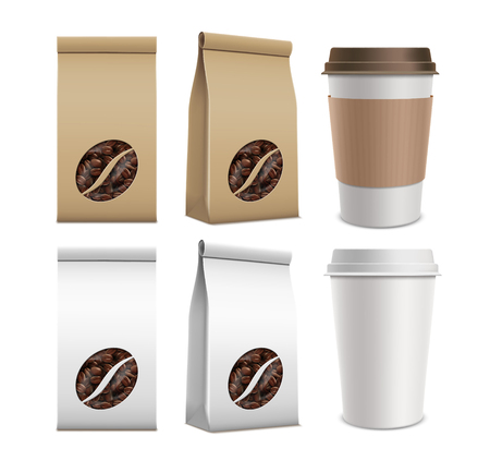 Set of package with coffee beans and plastic containers.のイラスト素材