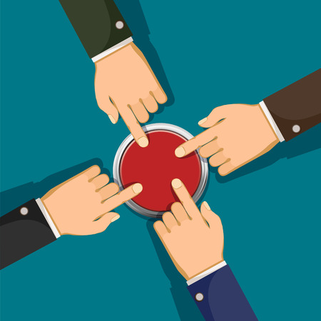Human hands push the red button. Business startup and cooperation. Stock vector flat graphics Illustration.のイラスト素材