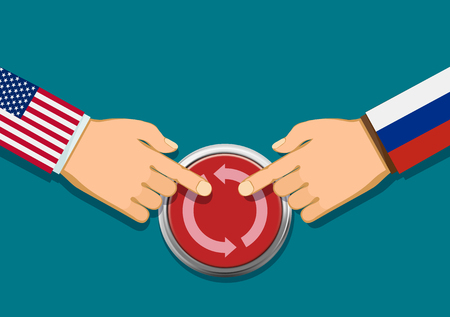 Presidents of the USA and Russia press the red button of the restart of relations. Stock vector illustration.のイラスト素材