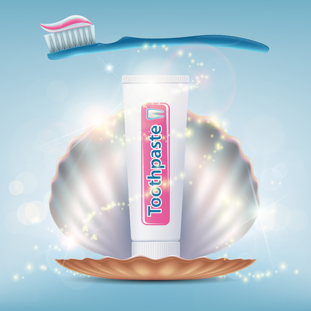 Toothbrush with toothpaste. Tube packaging and seashell. Dental hygiene of teeth. Design of labels. Stock vector illustration.のイラスト素材