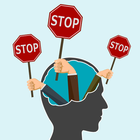 Hands holding a road sign stop in human head. Protest and prohibitions. Stock vector flat graphic illustration.のイラスト素材