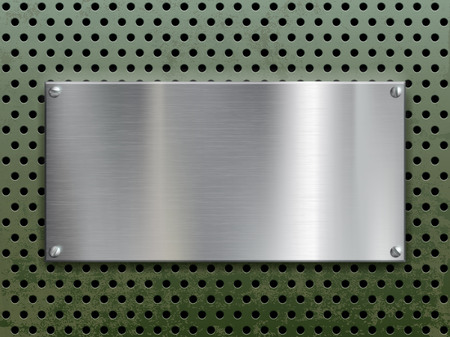 Polished steel plate with screws on a perforated metal wall with holes. Industrial background. Stock vector illustration.のイラスト素材