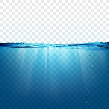 Water wave surface on a transparent background. Sun rays and air bubbles underwater. Stock vector illustration.のイラスト素材