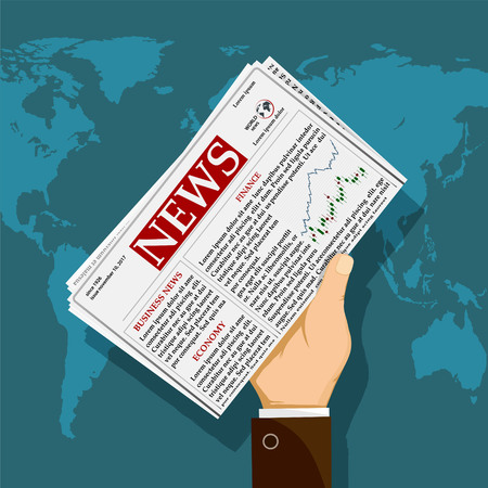 Man is holding in his hand a newspaper with daily press. Stock vector illustration.のイラスト素材