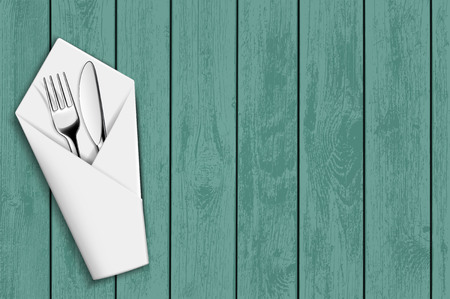 Wooden table. Fork and knife in a white napkin. Stock vector illustration.のイラスト素材