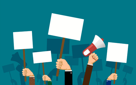 People hold banners and posters in their hands. Pickets and demonstrations. Strike of workers. Stock vector illustration.のイラスト素材