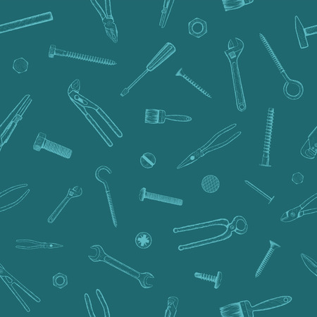 Set of industrial tools and fasteners. Seamless pattern. Hand drawn doodle sketch image. Stock vector illustration.のイラスト素材