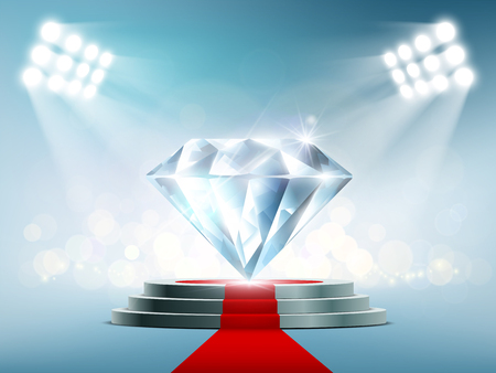 Blue diamond on the podium with a red carpet. Stock vector illustration.のイラスト素材