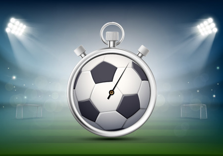 Sports stopwatch with a soccer ball on the stadium lawn. Stock vector illustration.のイラスト素材