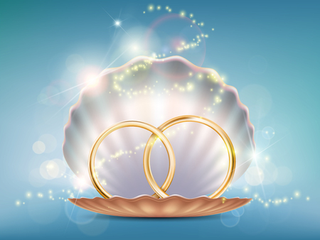 Two gold wedding rings in a seashell. Stock vector illustration.のイラスト素材
