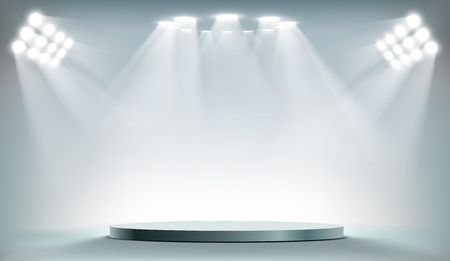Round podium illuminated by searchlights. Blank background with copy space. Stock vector illustration.のイラスト素材