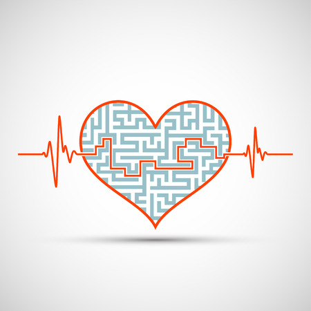 Logo of the human heart with a maze and line of the electrocardiogram of the heartbeat. Stock vector icon.のイラスト素材
