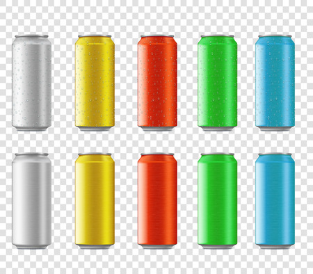 Set of multicolored metal cans with water drops for beverage. Isolated on a transparent background. Stock vector illustration.のイラスト素材