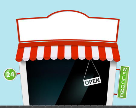 Facade of building shop with a signboard and a storefront. Stock vector illustration.のイラスト素材