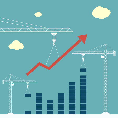 Construction cranes are building a growing financial graph. Success and profit in business. Stock vector illustration.のイラスト素材
