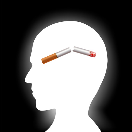 Broken cigarette inside the human head. Harmful habit of smoking and a healthy lifestyle. Stock vector illustration.のイラスト素材