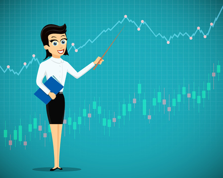 Woman showing a financial graphs and charts. Stock market exchange. Stock vector illustration.のイラスト素材
