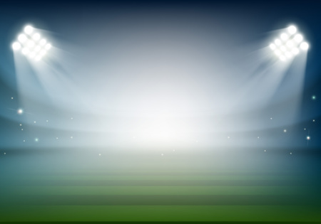 Blank football field on the stadium. Sports background illuminated by searchlights. Stock vector illustration.のイラスト素材