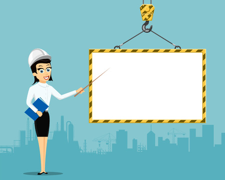 Woman engineer showing on blank building frame with copy space. Stock vector illustration.のイラスト素材