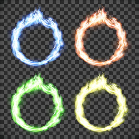 Ring on fire. Set of circle flame patterns isolated on transparent background. Stock vector illustration.のイラスト素材