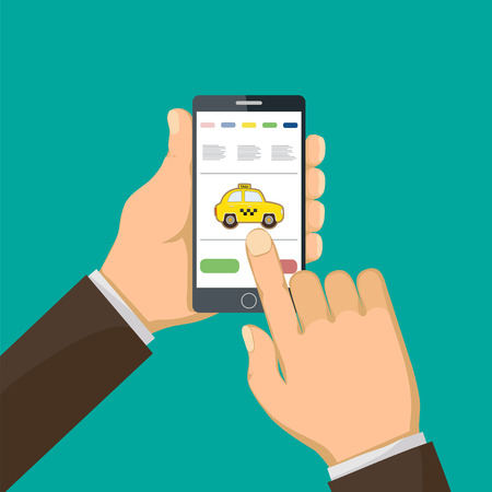 Man is holding a smart phone and call a taxi. Vector illustration.のイラスト素材