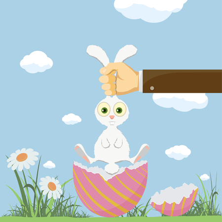 Easter egg and cute bunny. Festive background with meadow and flowers. Vector illustrationのイラスト素材