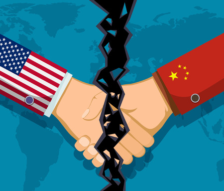Trade war policy between the USA and China. Handshake of two people. Vector illustration.のイラスト素材