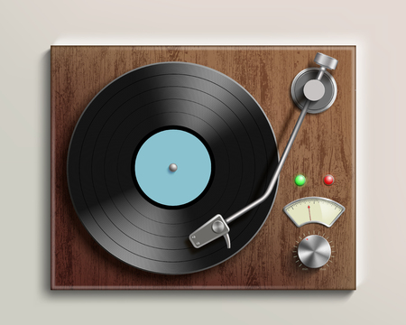 Vintage record player with retro vinyl disc. Vector realistic illustration.のイラスト素材