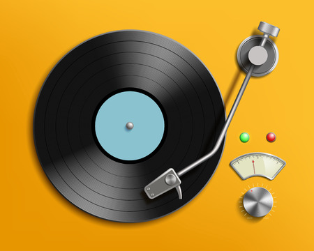 Vintage record player with retro vinyl disc. Vector realistic illustration.のイラスト素材