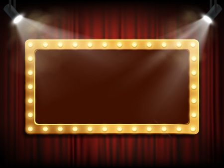 Gold frame with light bulbs on red velvet curtain. Copy space with spotlight. Vector background.のイラスト素材