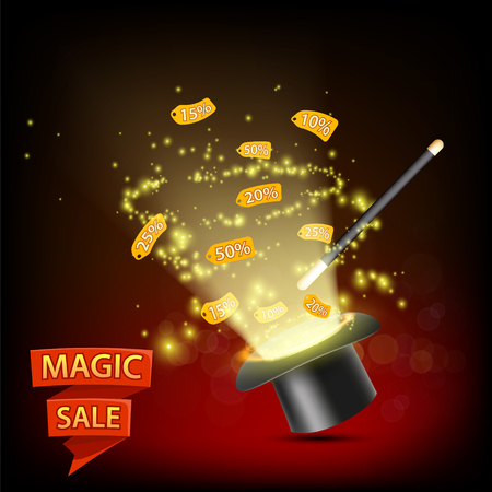 Big sale. Magic hat discounted price tags. Vector illustration.のイラスト素材