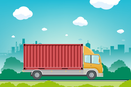 Truck with container rides on the street. Moving service. Cargo delivery. Vector illustration.のイラスト素材