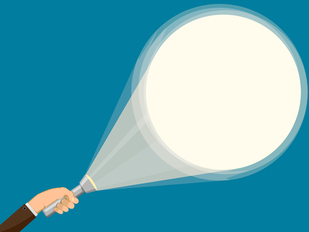 Flashlight in hand of man. Background illuminated by a spotlight. Vector illustration.のイラスト素材
