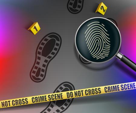 Crime scene. Magnifying glass with fingerprint. Yellow police warning tape. Vector illustrationのイラスト素材