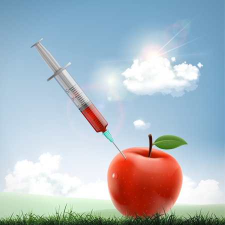 Apple with a medical syringe. Fruit with nitrates and GMO. Genetically modified organism. Vector illustration.のイラスト素材