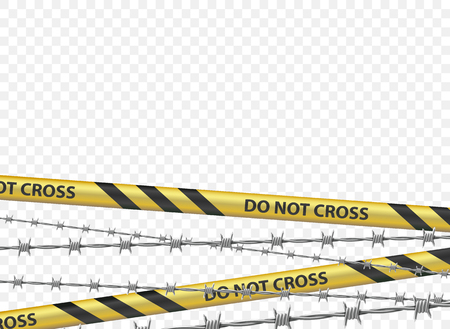 Police warning tape and a metal barbed wire. Isolated on a transparent background. Vector illustration.のイラスト素材