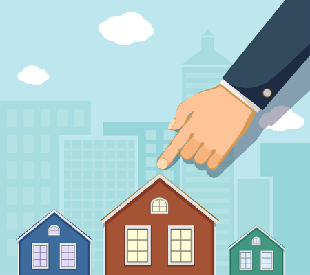 Man points a finger at the house. Buying a property. Real estate concept. Vector illustration.のイラスト素材