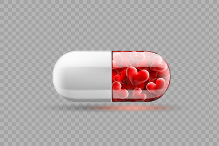 Medical pill with red hearts inside. Isolated on a transparent background. Vector illustration.のイラスト素材