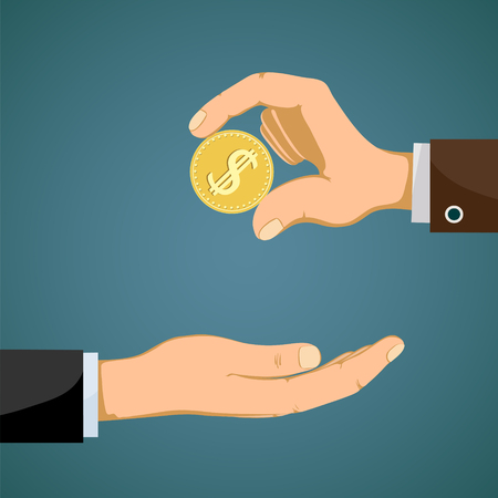 Businessman gives to man a gold dollar coin. Vector flat graphics illustration.のイラスト素材