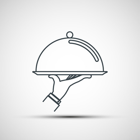 Waiter holding empty tray with a cloche. Logo design. Vector icon.