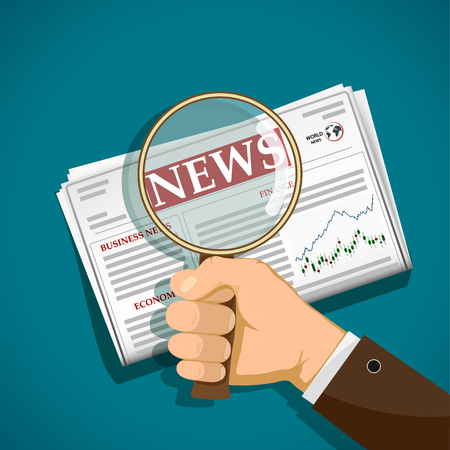 Man reading a newspaper with a magnifying glass. International news and press. Vector illustration.のイラスト素材