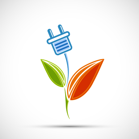 Electric plug with green plant leaves. Eco power concept. Vector logo.のイラスト素材