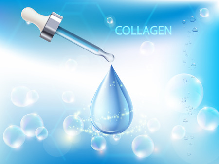 Collagen Serum drop. Pipette with hyaluronic acid. Cosmetic advertising background. Vector illustration.のイラスト素材