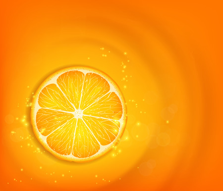 Orange slice and juice with splashes and drops. Stock vector background.のイラスト素材