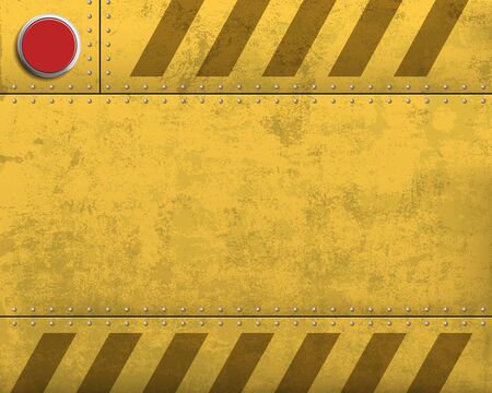Metal blank yellow warning plate with stripes. Alarm red button. Vector backgroundのイラスト素材