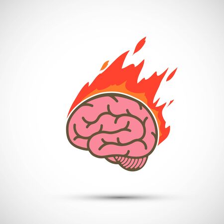 Icon human brain burns in flame. Concept logo migraine or stress. Vector flat graphics illustrationのイラスト素材