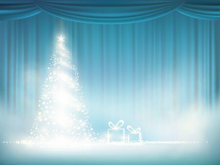 Glowing Christmas tree on a background of blue curtain. Vector new year background.のイラスト素材