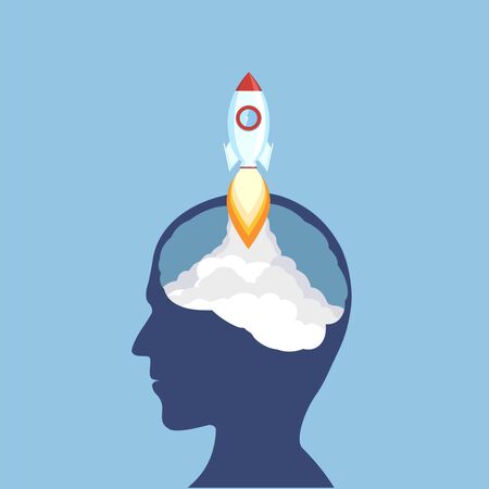 Rocket takes off from the head of man. Vector flat graphic illustrationのイラスト素材
